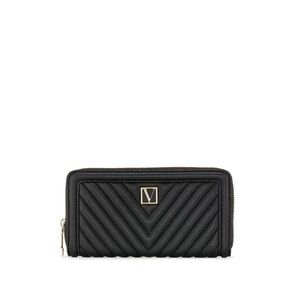 Victoria's Secret Large V-Quilt Zip Around Black Card Case Wallet
